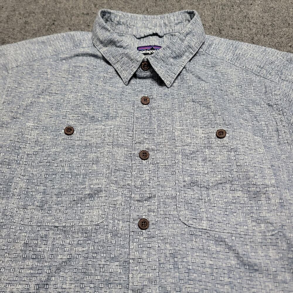 Patagonia Shirt Mens Small Blue White Back Step Hemp Organic Cotton Breathable